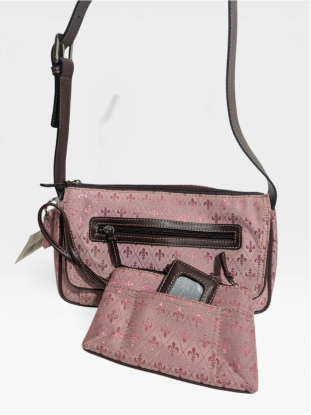 Crazy Horse Liz Claiborne NWT Fleur-de-lis Shoulder Bag Pink & Brown - Picture 4 of 12